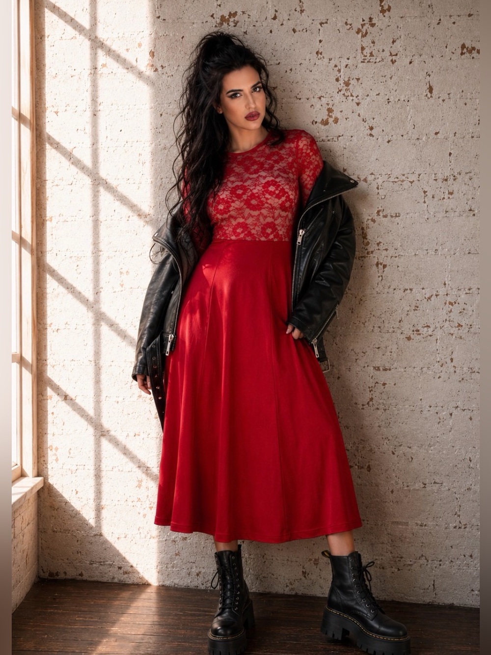 Coquette Romantic Red Floral Lace Fit & Flare Midi Dress 3/4 Sleeve